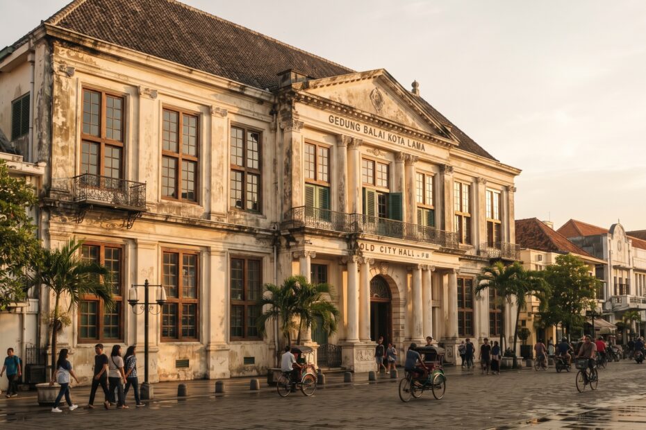 Gedung arsitektur kolonial klasik di kawasan Kota Tua dengan langit cerah berawan 1