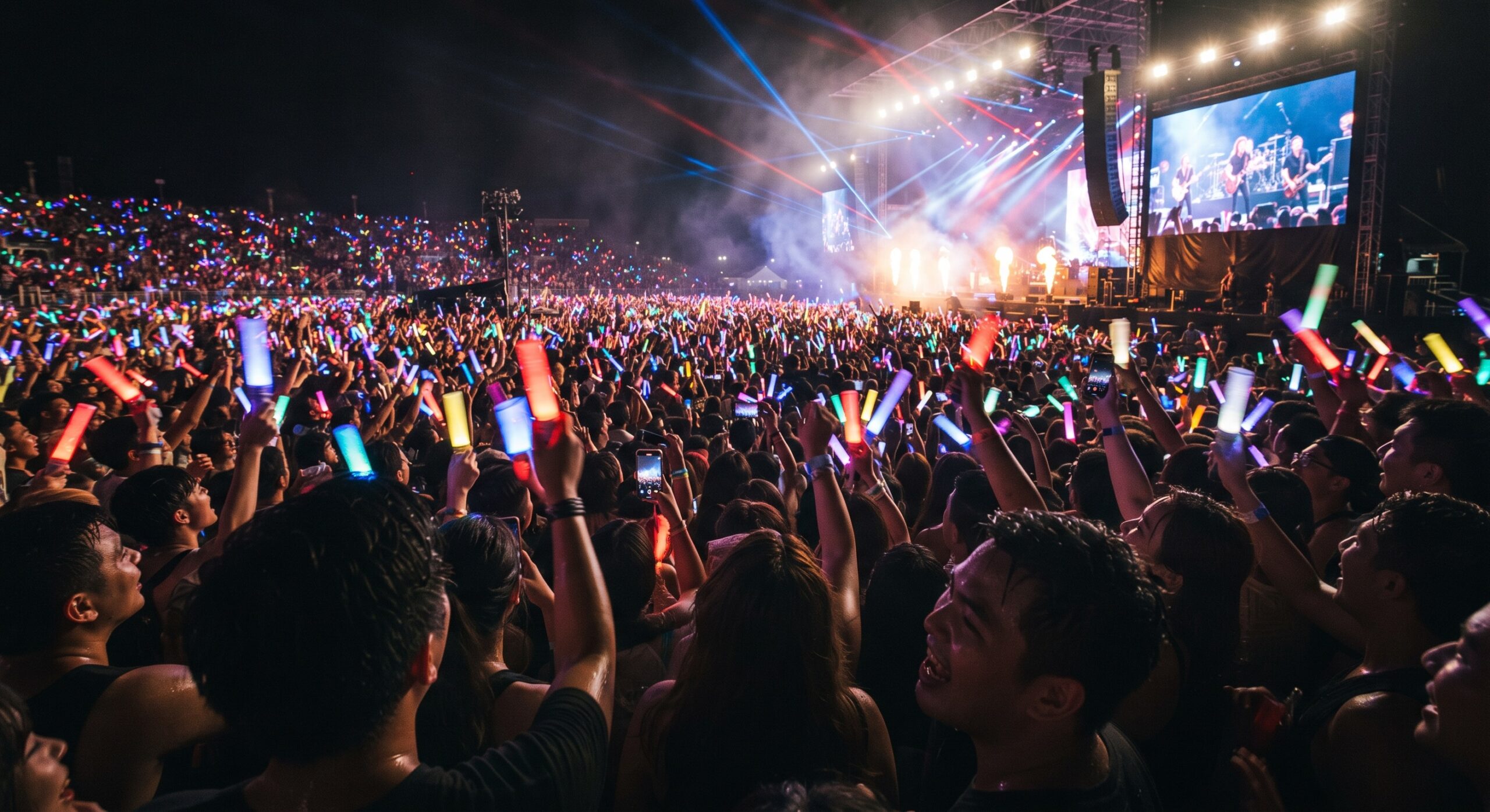 Konser musik K-pop megah dengan lautan lightstick menyala terang di dalam stadion malam hari 2