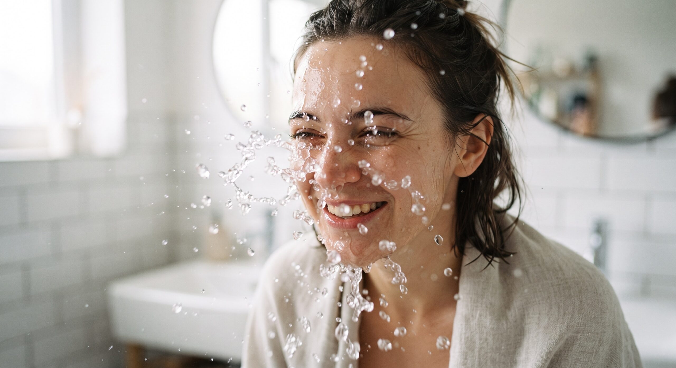 Seseorang mencuci muka dengan air segar di kamar mandi bernuansa minimalis modern 2